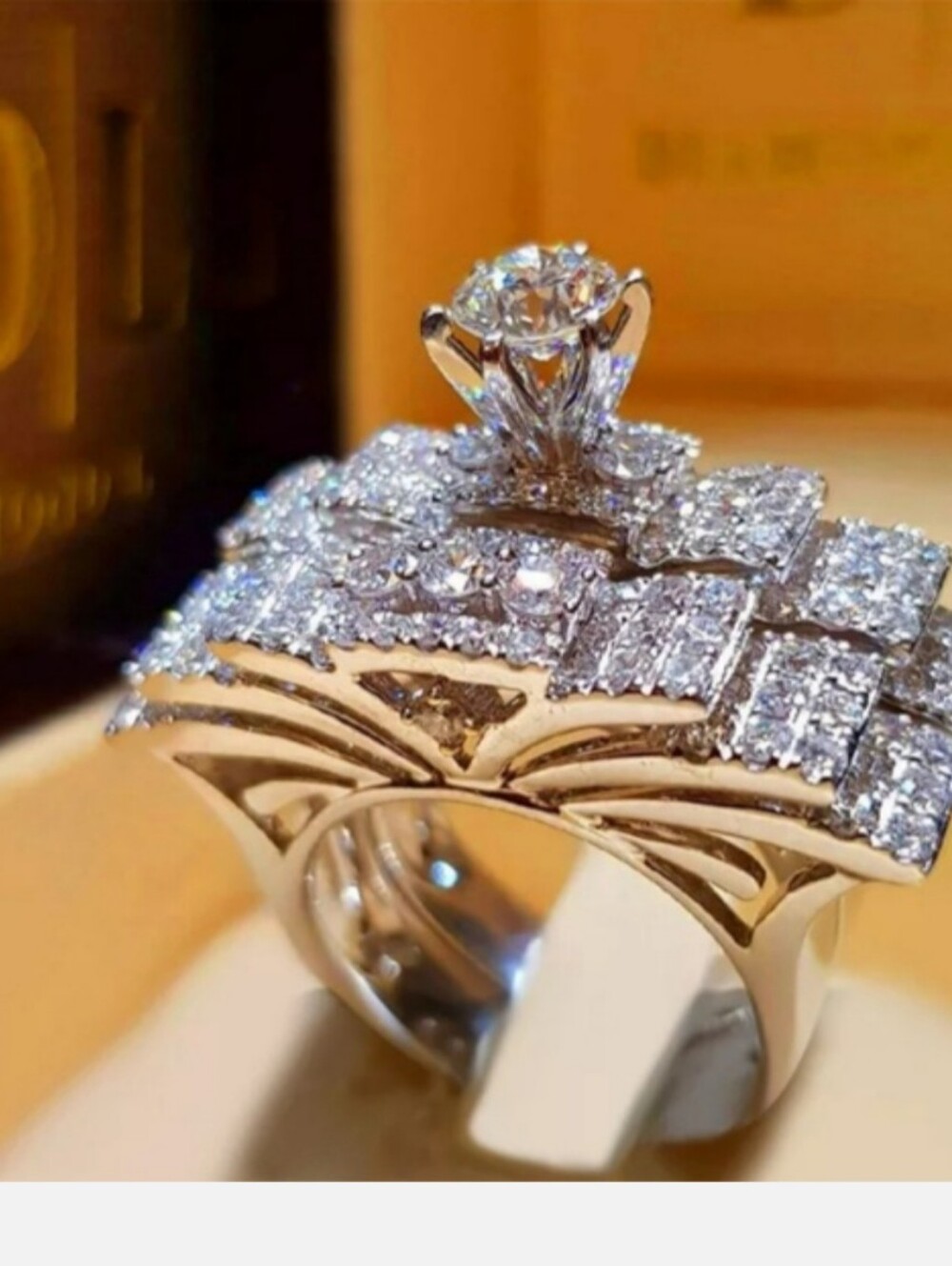 White Gold Plated With CZ Diamond Cluster Engagement Ring - - Picture 4 of 4